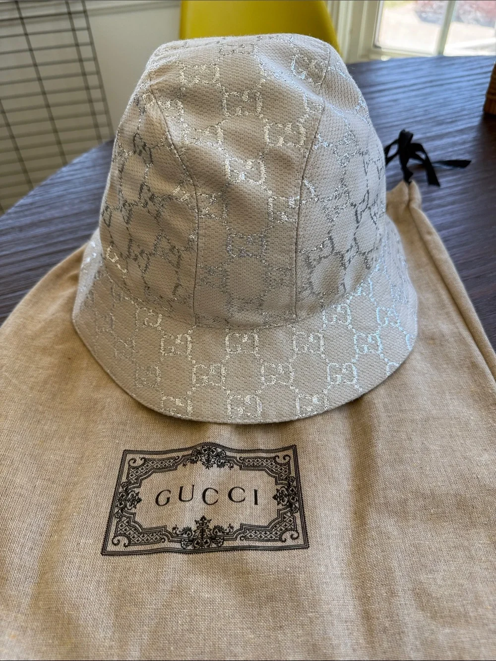 Gucci Beige Monogram Bucket Hat with White GG Overlay